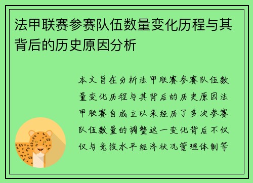 法甲联赛参赛队伍数量变化历程与其背后的历史原因分析
